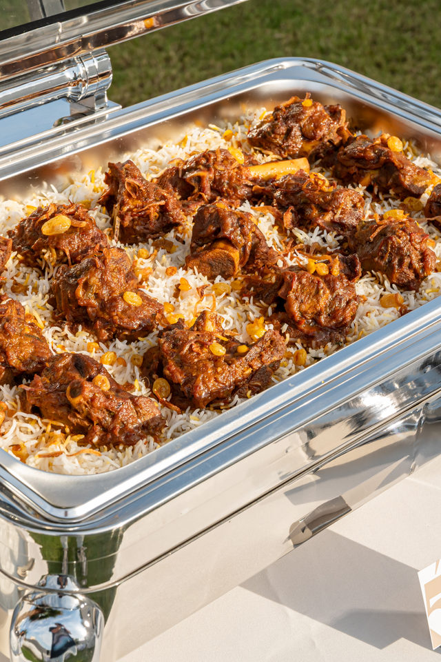 Mutton biryani in a chafing dish on a Table 5 buffet